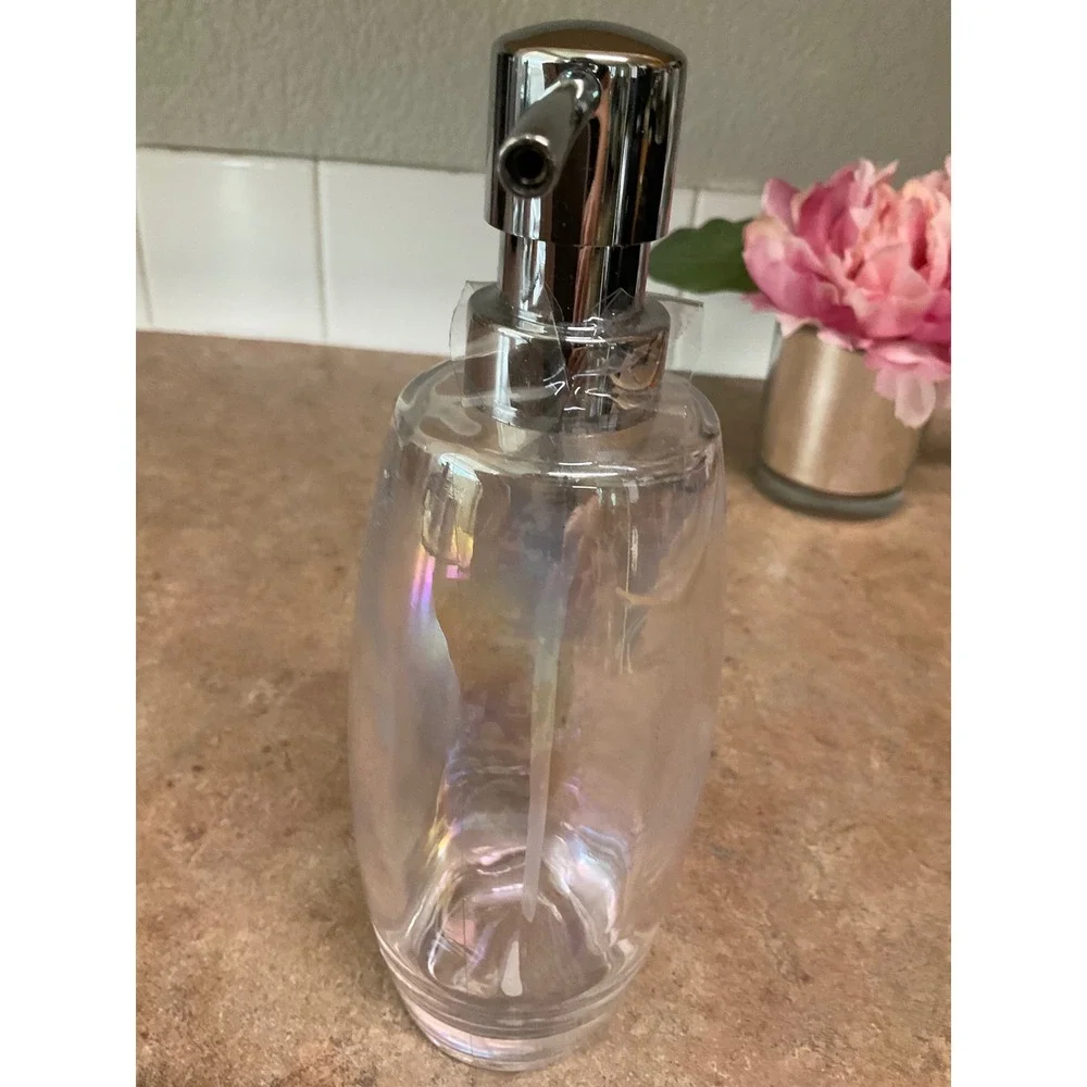 Iridescent Glass Soap Dispenser Chrome Pump Pearlescent Clear Refillable Bottle